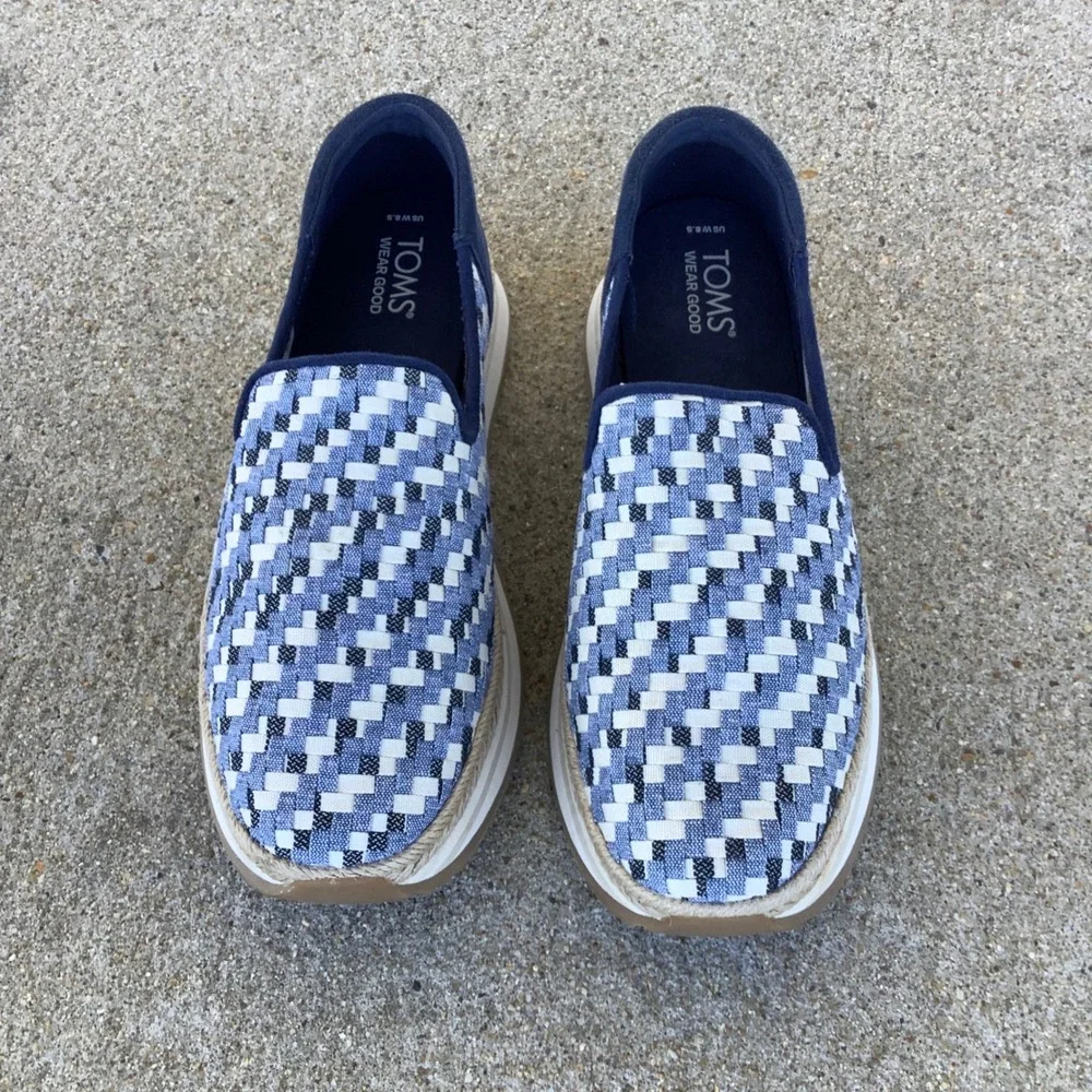 TOMS Alpargata Mallow Mule Espadrilles Blue White Woven Platform Shoes Women 8.5